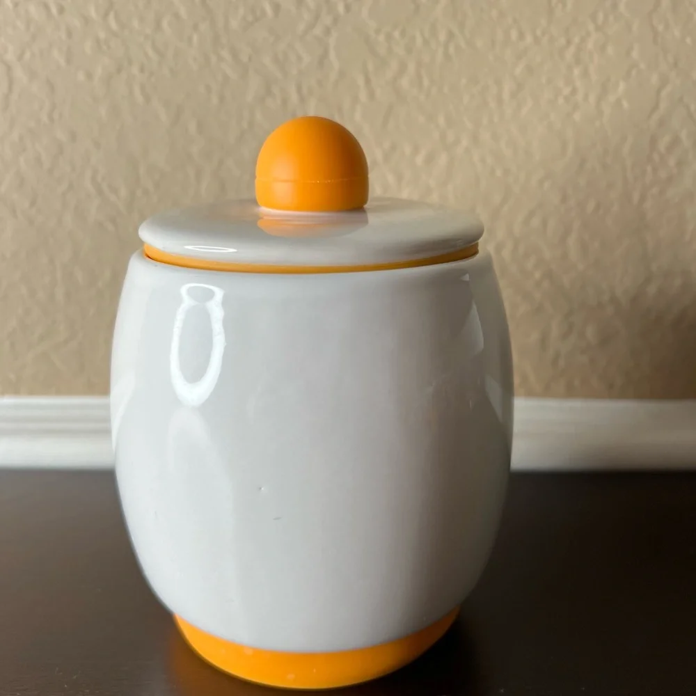 Vintage White Ceramic, Yellow/ Orange Sugar Bowl, Dish, Honey Jar, Pot, candy